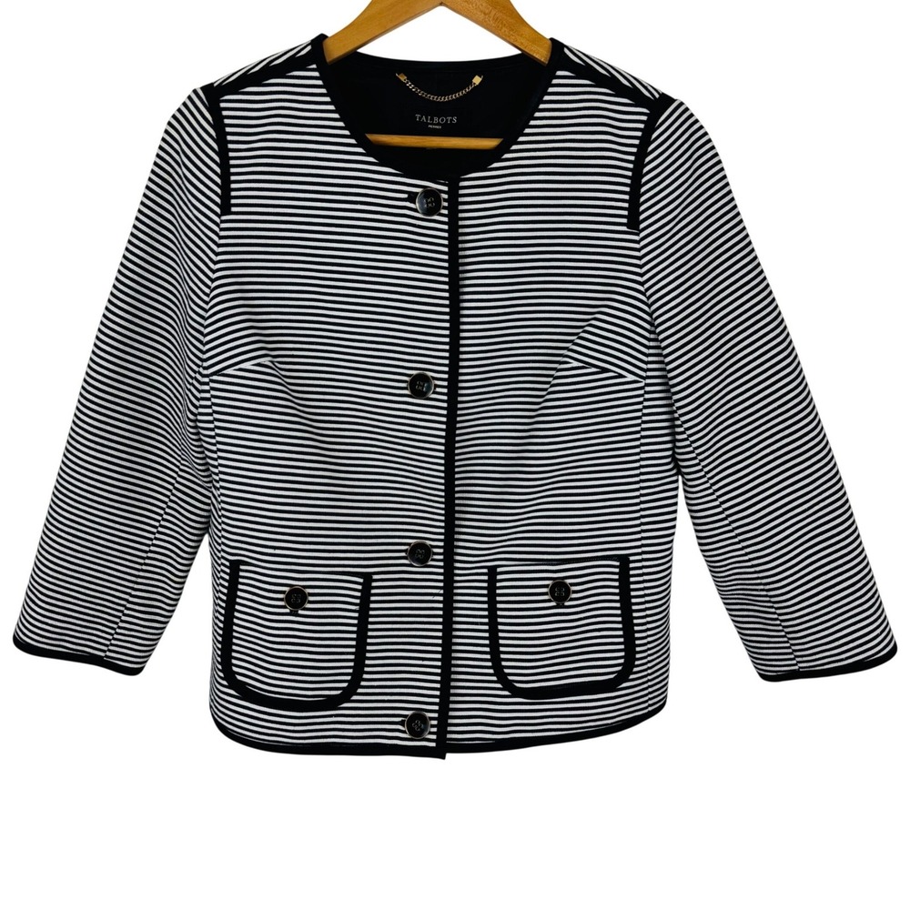 Talbots Black & White Striped Collarless‎ Blazer Jacket 8P Button Front Nautical